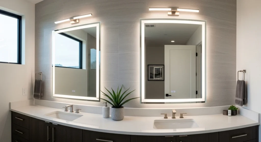 Bathroom with double vanity lighting setup providing balanced illumination