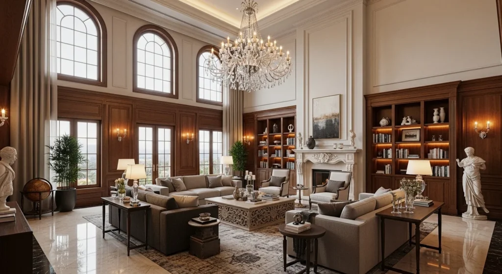Grand living room with high ceilings and large windows