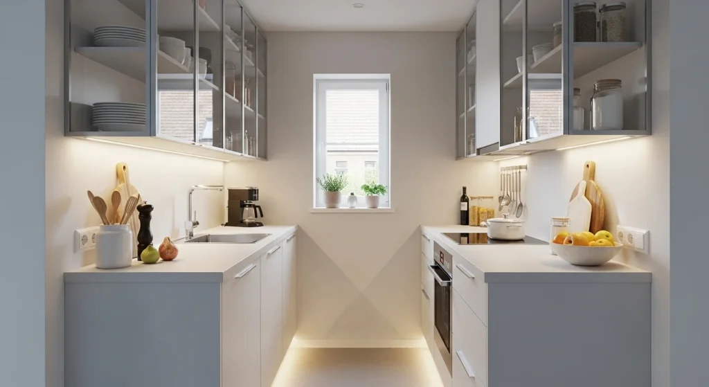 Small kitchen with glass cabinets creating light and open visual effect