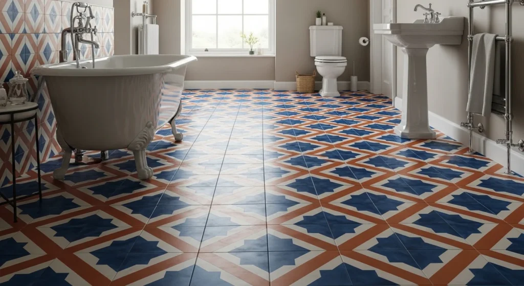 Bathroom with bold patterned tiles creating eye catching floor design