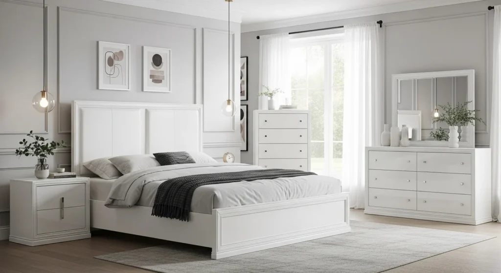 All white bedroom set creating a bright, clean and elegant interior look