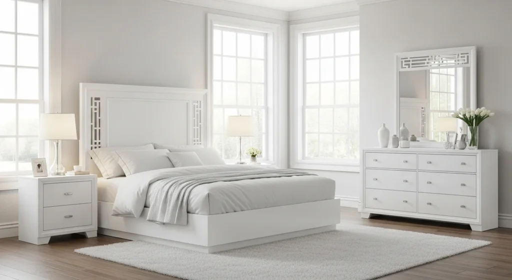 Bright white king bedroom set creating a clean and elegant bedroom interior