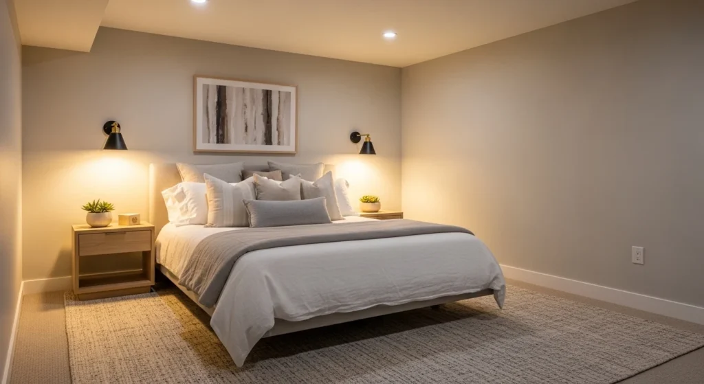 Comfortable guest bedroom in basement with cozy bedding and ambient lighting
