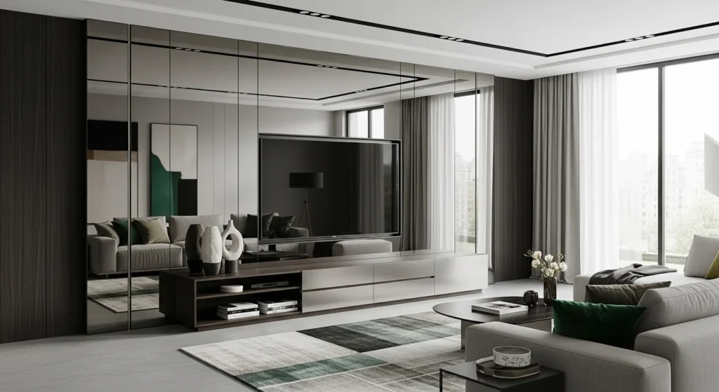sleek tv wall with glass panels and reflective modern finish