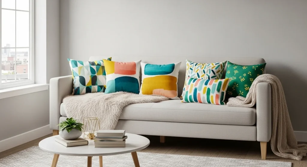 Small living room with neutral sofa and colorful accent pillows for a stylish look