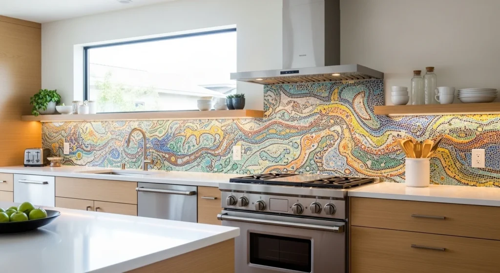 Decorative mosaic tiles creating an artistic backsplash in the kitchen