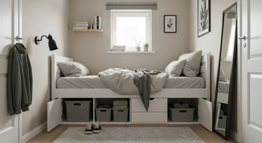 Small bedroom with hidden storage containers under the bed for better organization