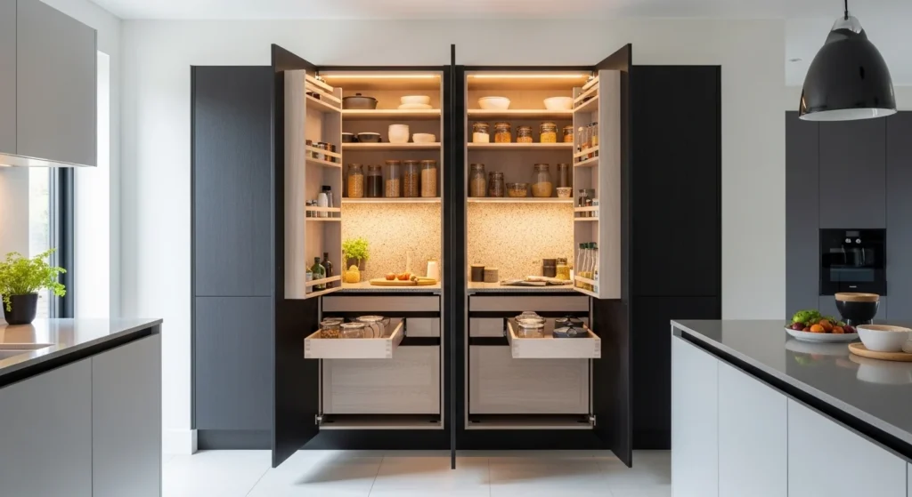 Seamless built-in wall pantry integrated into modern kitchen cabinets