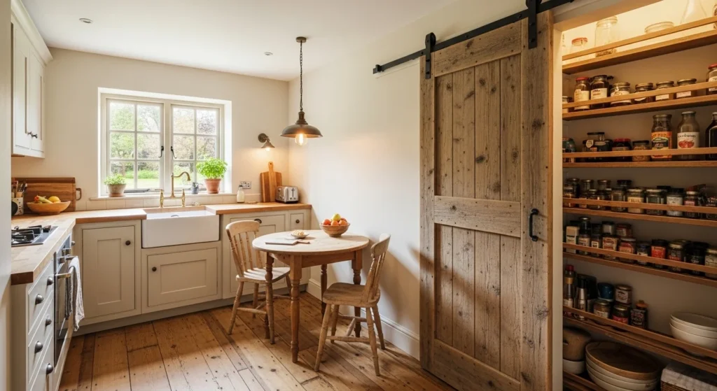 Rustic sliding barn door pantry with wooden shelves and storage jars