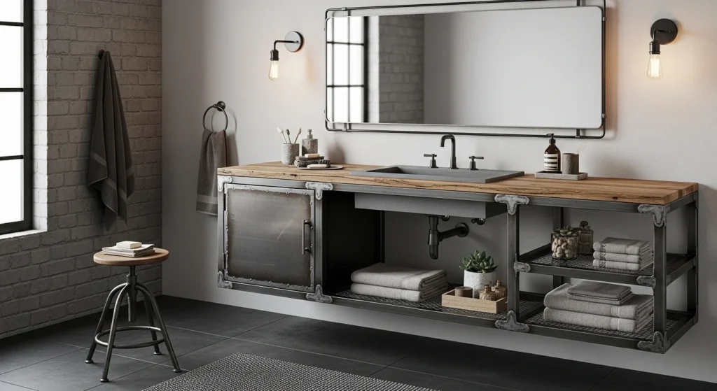 Industrial style bathroom cabinet with metal frame and wooden shelves
