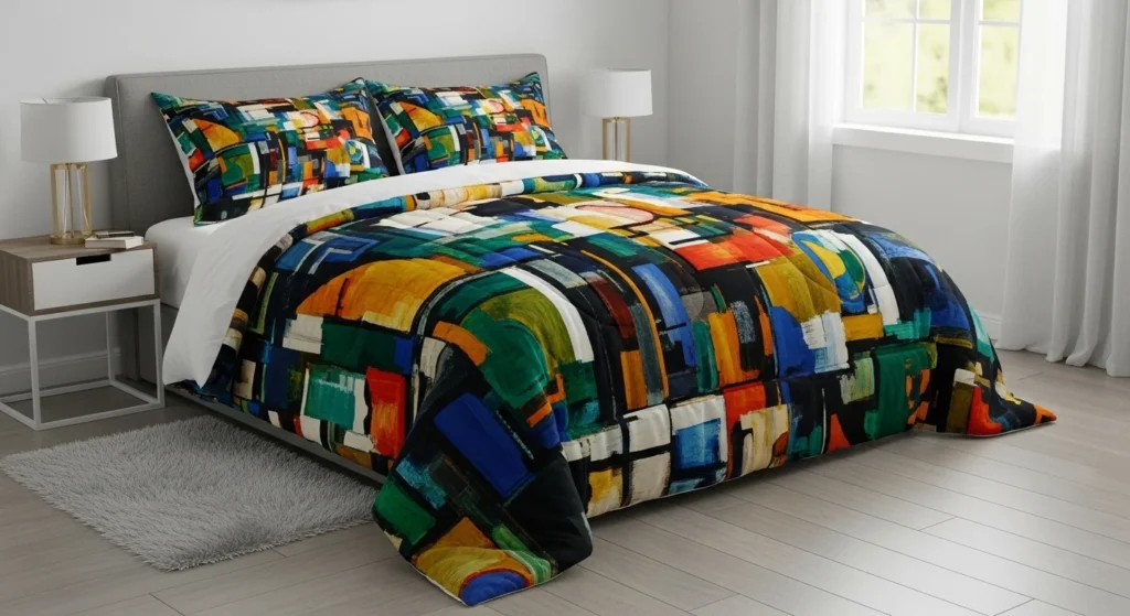 Artistic abstract patterned queen comforter bedding creating modern bedroom style