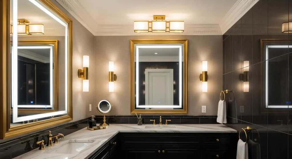 Elegant bathroom featuring gold accent lighting fixtures and warm tones