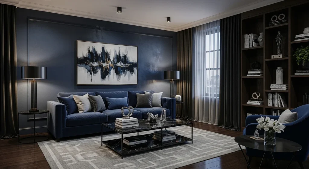 Modern living room with dark colors creating a luxurious atmosphere