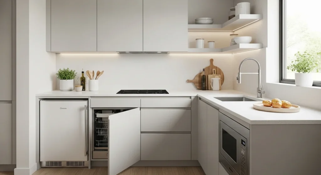 Compact kitchen with integrated appliances for clean and seamless look