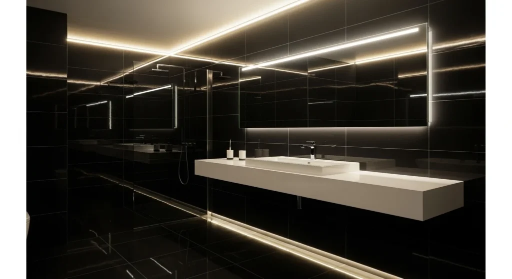 Bright bathroom with glossy tiles reflecting light and enhancing space