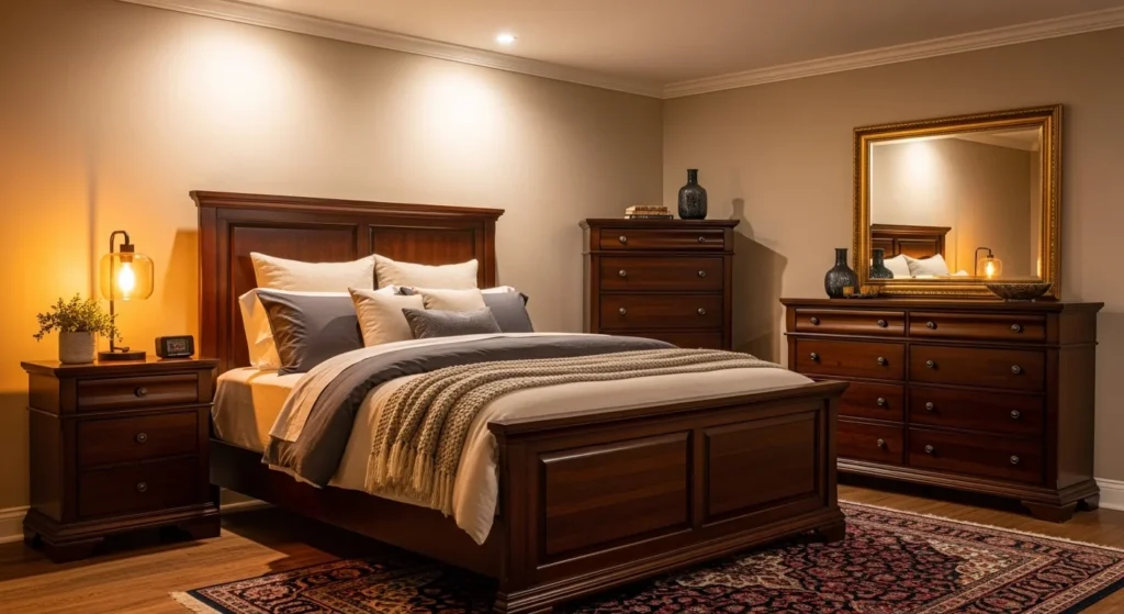 Bedroom set with rich dark wood tones creating a warm and sophisticated feel