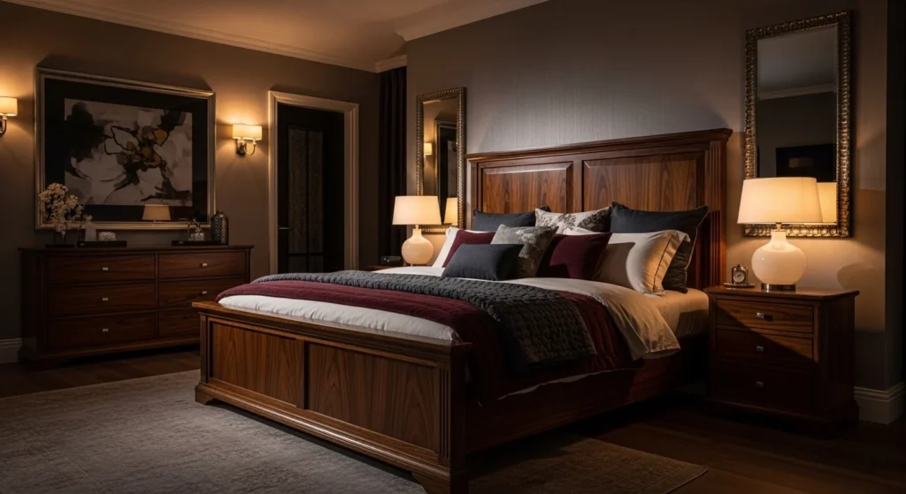 King bedroom set with dark wood furniture creating a rich and warm look