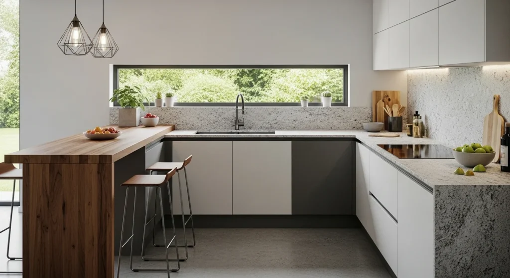 Kitchen countertop combining wood and stone materials for layered design