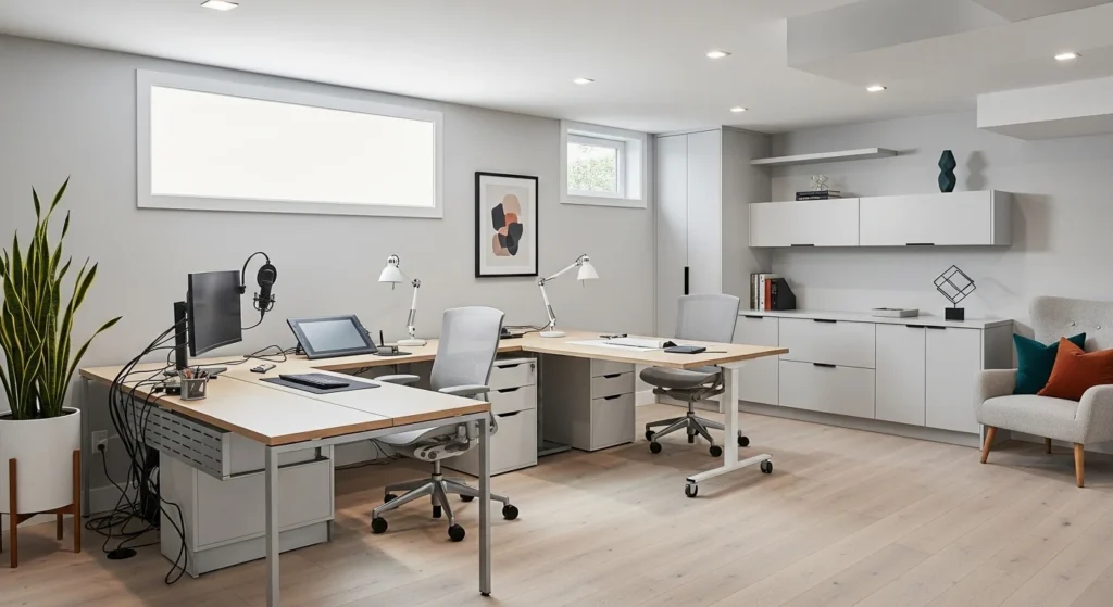 Basement combining home office and creative studio with bright lighting