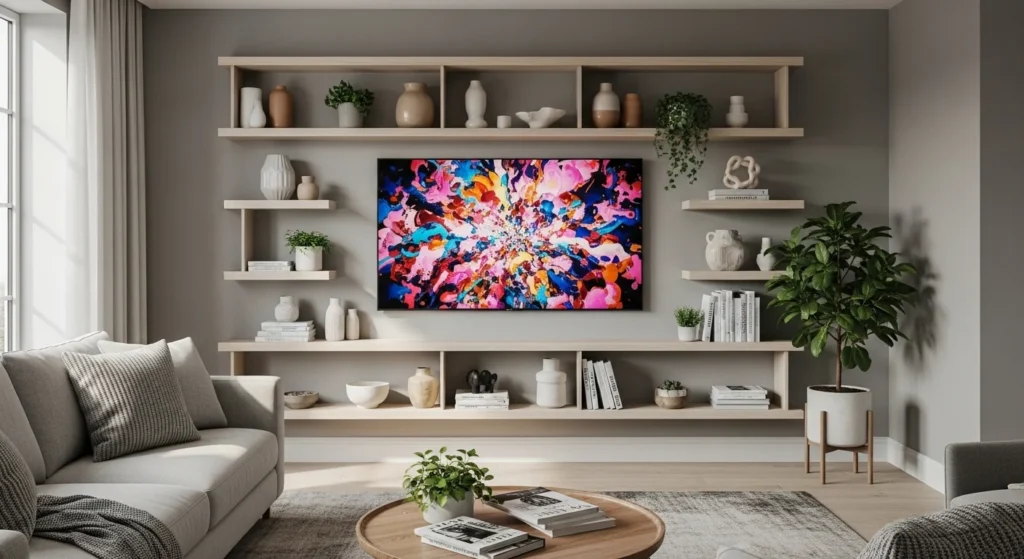 tv wall with open shelves displaying plants and decor items