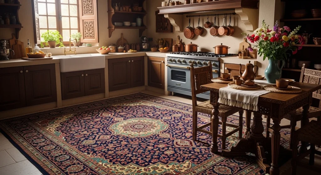 Elegant Persian patterned rug placed in classic kitchen interior