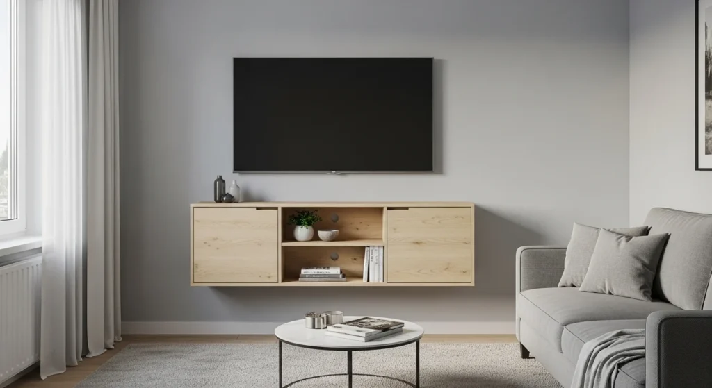 Modern floating TV cabinet in a compact living room saving floor space