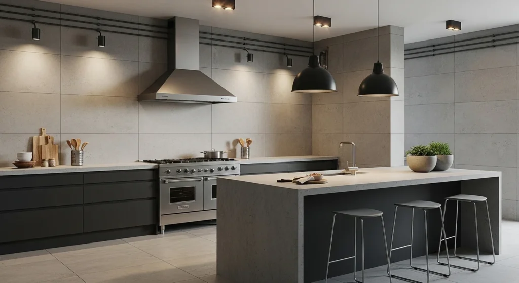 Industrial style kitchen with concrete look tiles on walls and floors