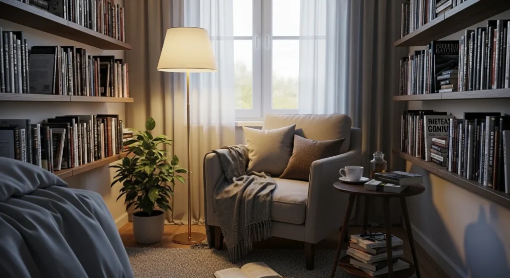 Tiny bedroom featuring a small reading corner with chair and soft lighting