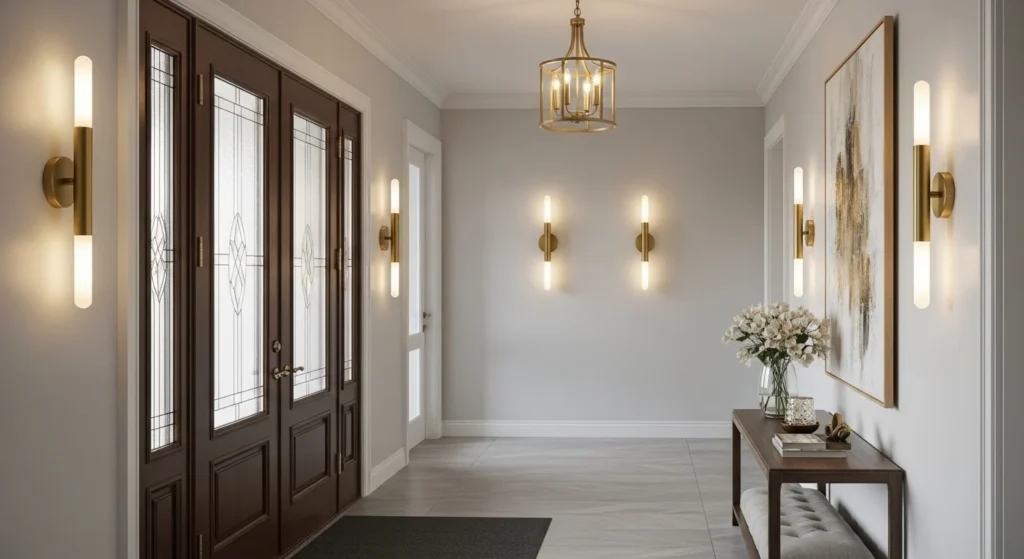 Entryway featuring elegant wall sconces and stylish lighting fixtures