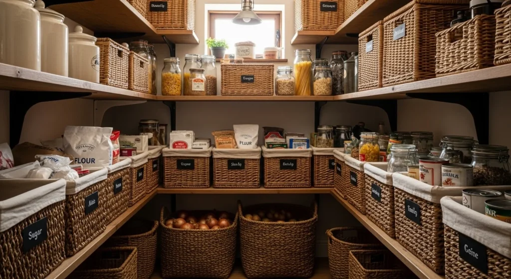 Pantry with woven baskets to organize snacks and ingredients in a small kitchen