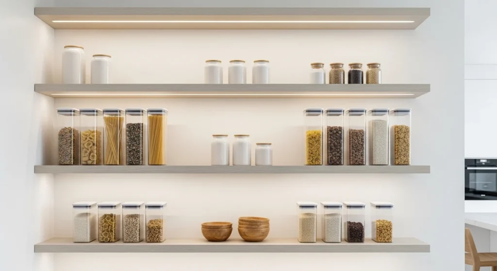 Minimal floating pantry shelves with modern organized kitchen storage