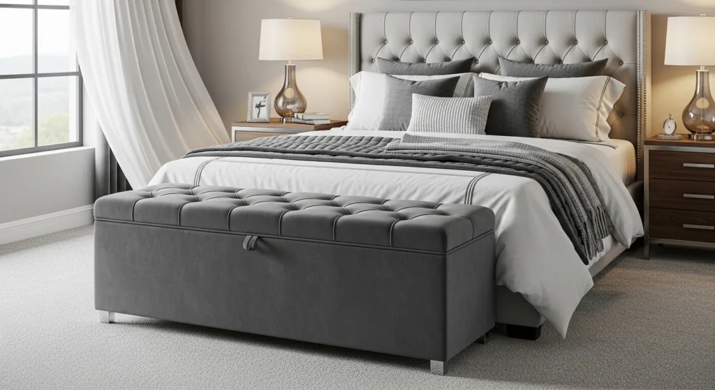 Stylish ottoman bedroom bench with hidden storage and cushioned top
