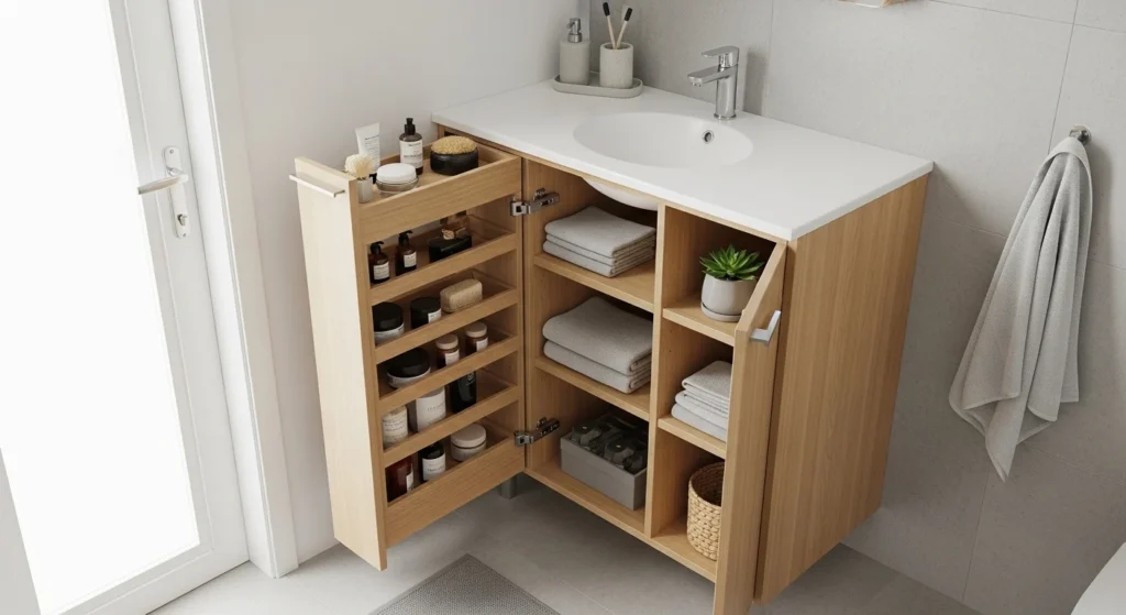 Space-saving corner bathroom cabinet designed for small bathroom layouts