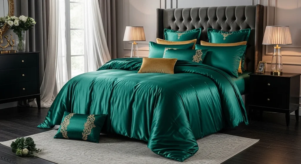 Elegant satin queen comforter bedding set creating glamorous bedroom decor