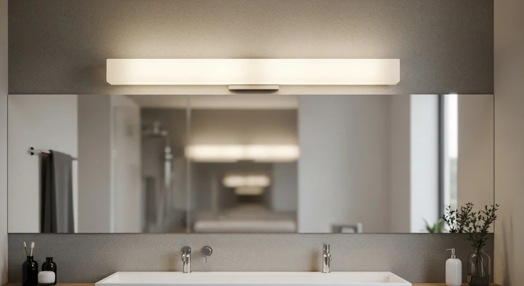 Bathroom with frosted glass light fixtures creating soft diffused lighting