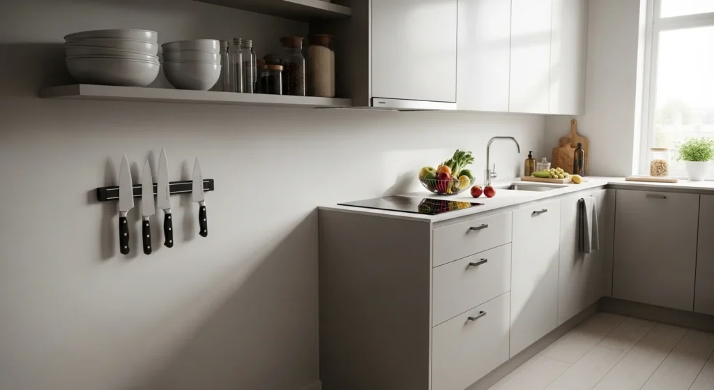 Tiny kitchen with modern floating shelves for stylish and functional storage