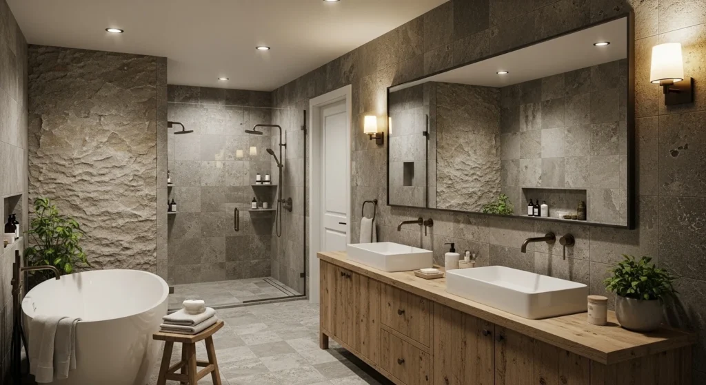 Bathroom with natural stone look tiles creating earthy and organic feel