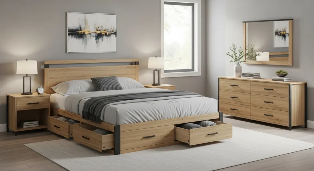 Modern bedroom set with storage bed providing hidden space and organization