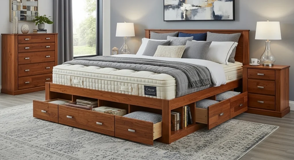 Modern king bedroom set with storage bed for hidden organization and clean layout