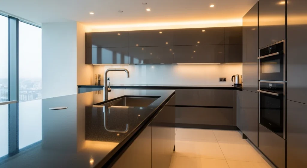 Modern kitchen with glossy countertop reflecting light and creating sleek look