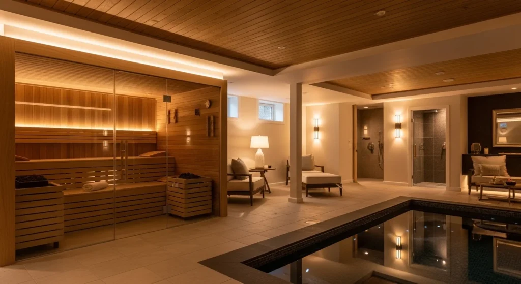 Luxury basement sauna and spa area with wood finishes and soft lighting