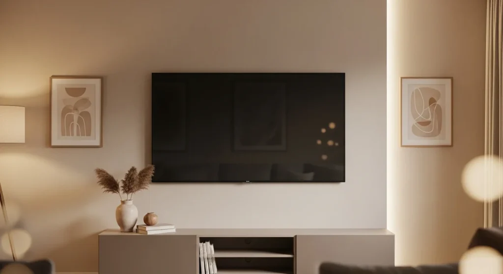 beige and grey tv wall with soft lighting and modern furniture