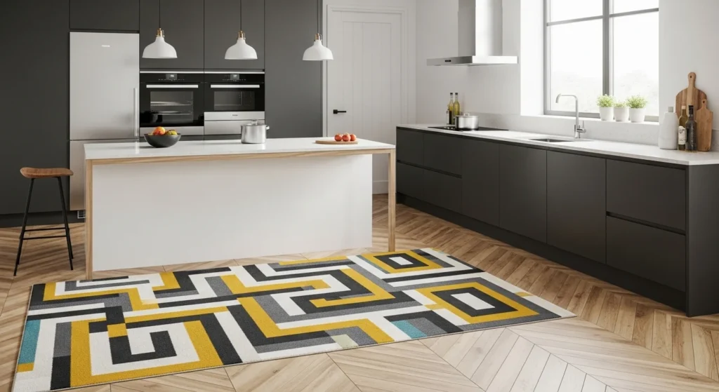 Modern geometric rug creating bold pattern on kitchen floor