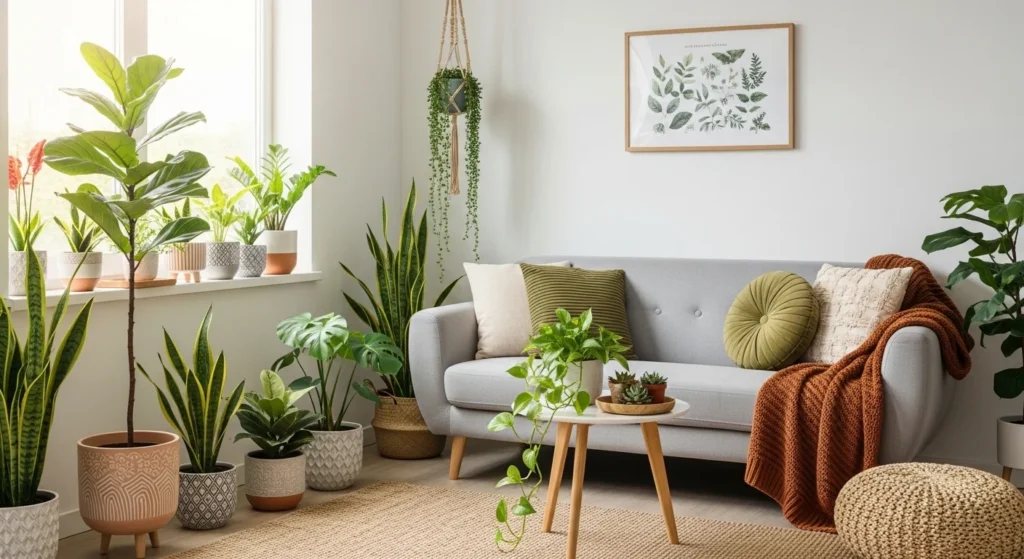 Green indoor plants in a small apartment living room bringing freshness and life