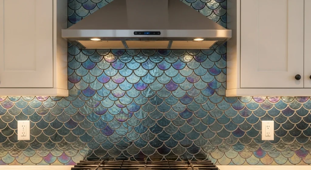 Elegant fish scale pattern tiles used for a stylish kitchen backsplash