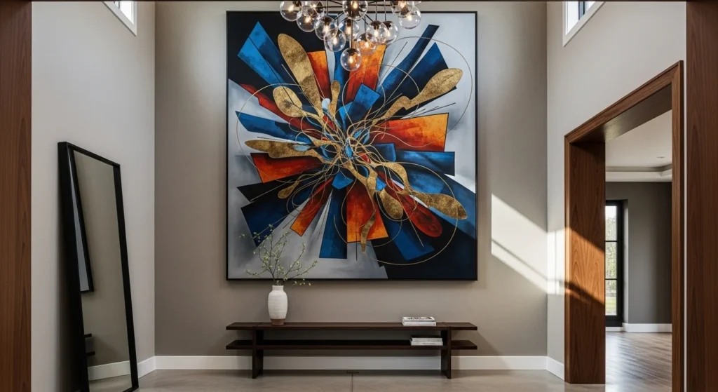 Modern foyer with large wall art painting creating dramatic entrance