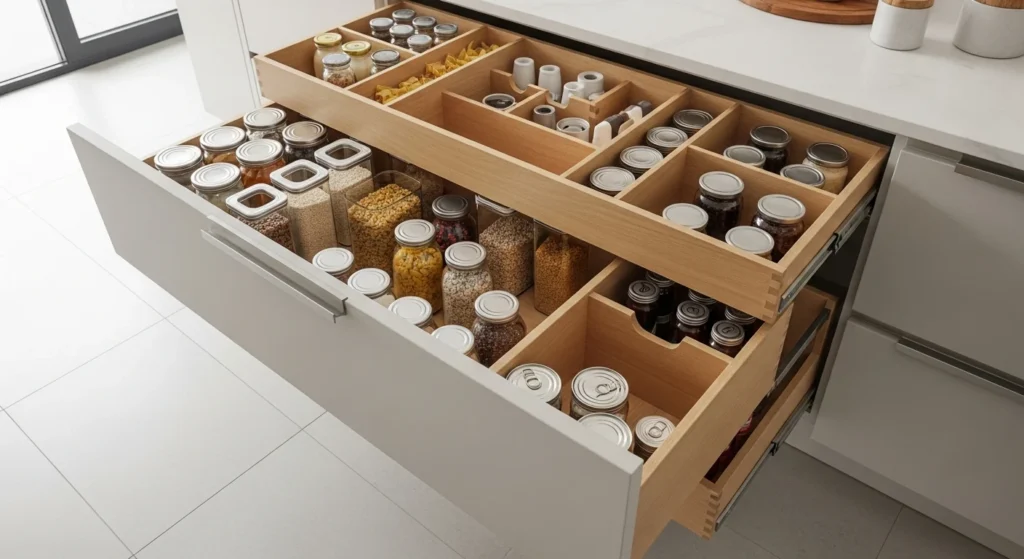Pull-out pantry drawers with dividers for organized storage in compact kitchens