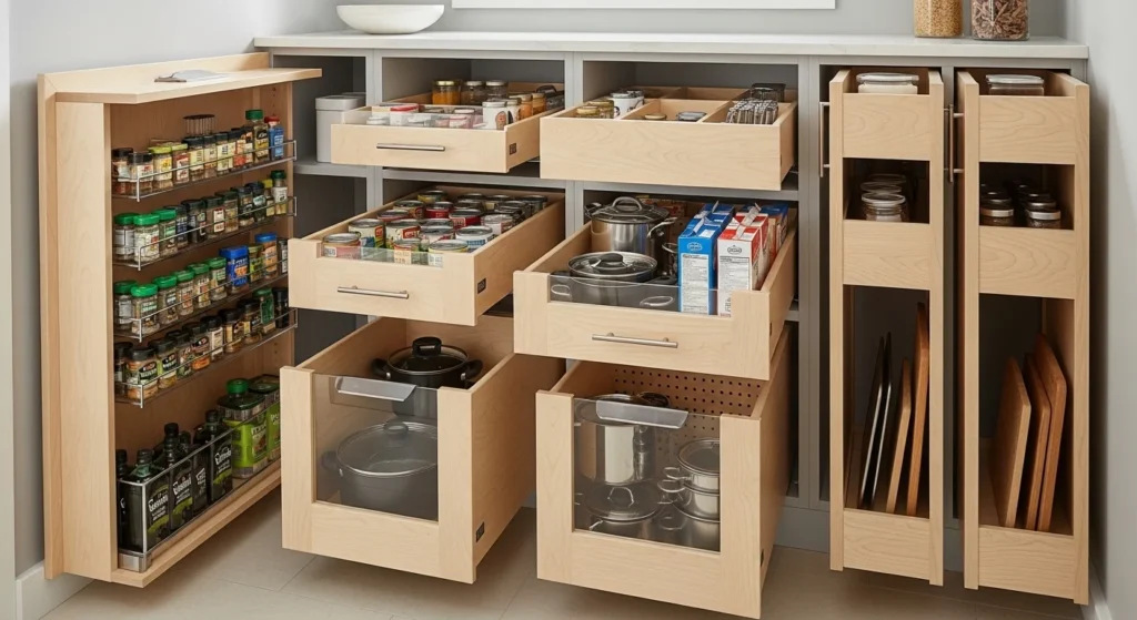 Pantry cabinet with pull-out drawers organizing dry food and containers