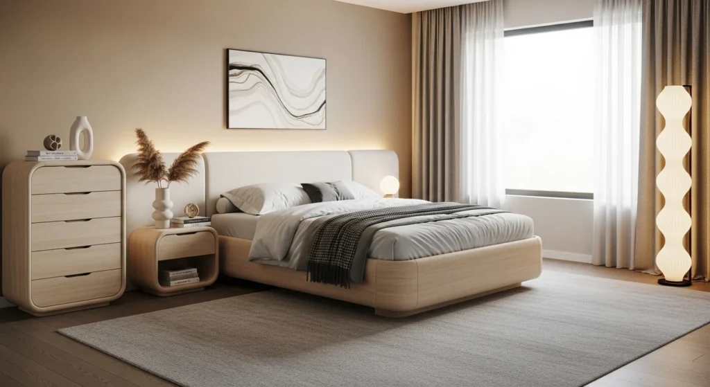 King bedroom set featuring curved furniture shapes for a soft modern look