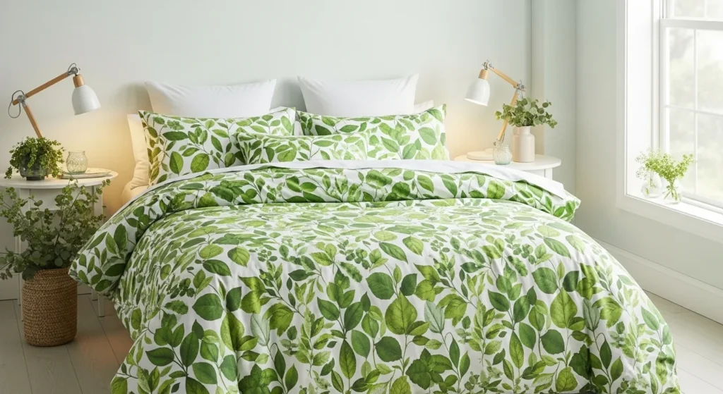 Botanical themed queen comforter bedding with green leaf patterns